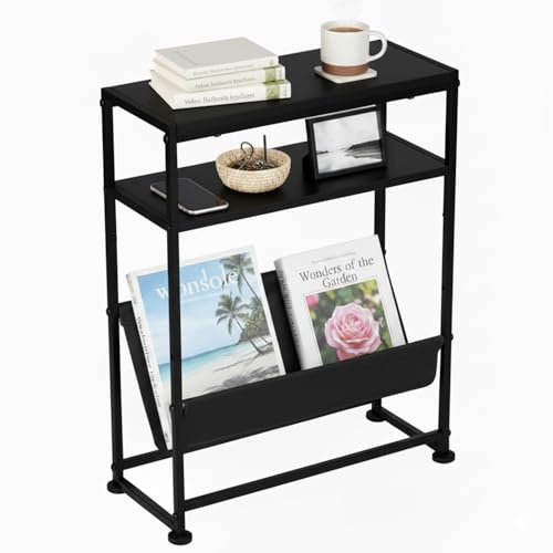 ZEXVIDA Small End Table for Small Spaces - Slim Side Table with Magazine Holder,2 in 1 Design Narrow End Table Living Room,Skinny Bedroom Nightstand Thin Side Magazine Table (Black)