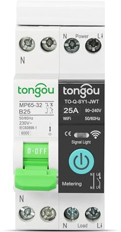 TONGOU Disjoncteur wifi Commutateur- 25A | 1 Phase Compteur d'Énergie rail din wi-fi |Intelligent Disjoncteur Type de Relais interrupteur connecté avec wattmètre | Telerupteur wifi smart life Tuya