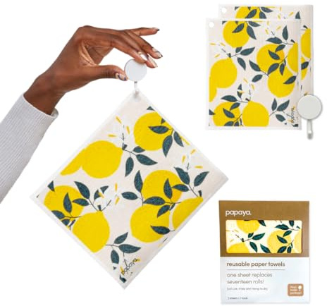 Papaya Paquete de 2 toallas de papel reutilizables, 2 hojas + 1 gancho, secado rápido, sin olor, 1 hoja reemplaza 17 rollos, paño de cocina lavable, esponja sostenible, regalo ecológico