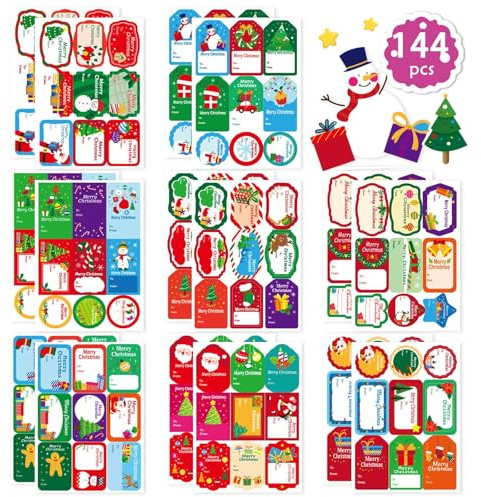 Fyvadio 144PCS Christmas Self-Adhesive Gift Tags, Christmas Gifts Tags Christmas Name Labels Holiday Labels for Wrapping, Holidays, Gift Stickers, Bags, Cards, Envelope