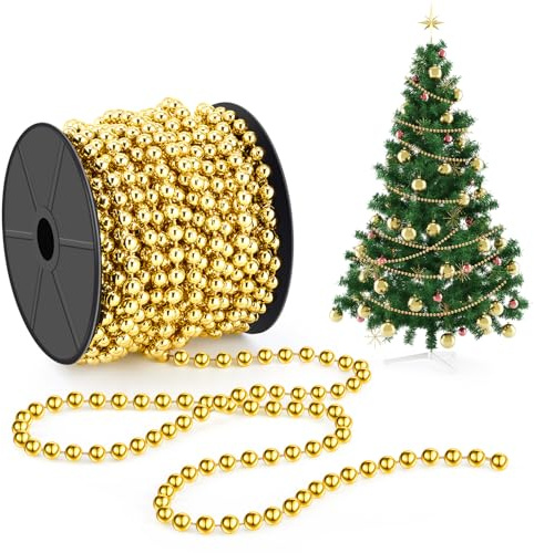 Chuangdi Catena di Perline di Natale di 15m/ Rotolo 6mm Ghirlande di Perline per Decorazione Natalizia Filo di Perle Decorative per Albero di Natale Ghirlanda di Plastica per Matrimoni(Oro)