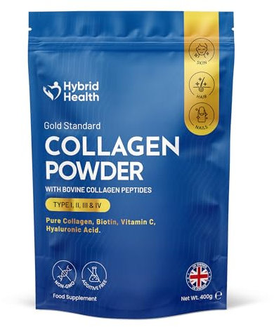 Hybrid Health Collagen Powder with Bovine Peptides, Hyaluronic Acid & Vitamin C | Types I, II, III & IV | 400g | Premium Collagen for Skin, Hair, Nails, Joints & Gut Health | Hydrolysed