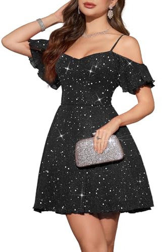 Meetjen Women's Sparkly Off Shoulder Prom Dress 2026 A line Tulle Spaghetti Straps Short Cocktail Dresses