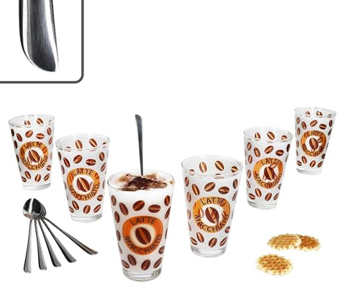 MamboCat Set di 12 bicchieri Cremona Latte Macchiato Arancio & Twist Latte Macchiato Cucchiaio L19 cm I per 6 persone, effetto vetro smerigliato con chicchi di caffè | con manico curvo, in acciaio