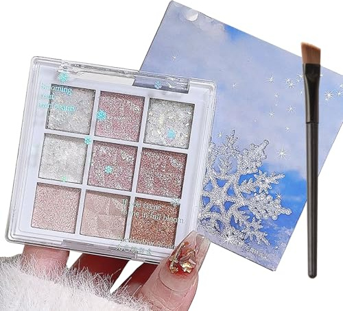 Glitter Eye Shadow Palette for Women - Highly Pigmented Make-Up Pallet with Shimmer Shades of White and Pink. Equipped with a Makeup Brush, Suitable for Girls' Travel Size