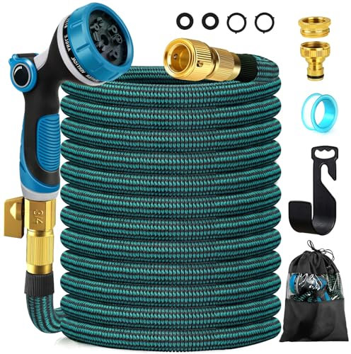 PITMT Gartenschlauch Flexibel, Wasserschlauch Flexibler Gartenschlauch mit 3/4&1/2Verbinder aus Messing, Flexschlauch Garten Schlauch mit 10-Funktionsdüse Brause, Dehnbarer Gartenschläuche Hose 15m