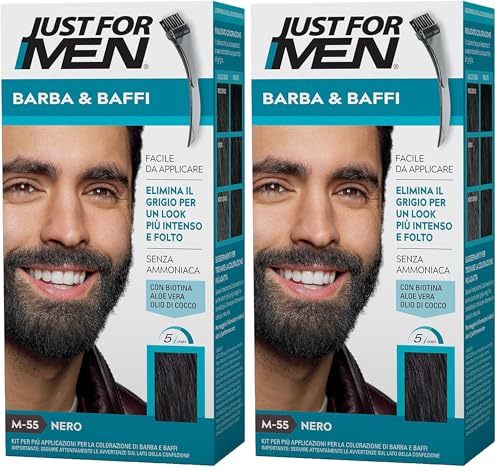 Just For Men Barba & Baffi, Tinta Per Barba Uomo, Tintura Senza Ammoniaca, Elimina I Peli Grigi, Con Pettine Applicatore, Colore Nero, M55 (Confezione da 2)