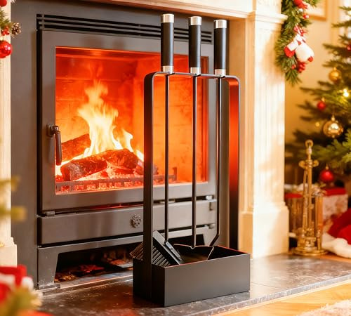 Kingson Kaminbesteck-Set mit Hybrid-Eisen & Edelstahlgriffen – 3 Werkzeuge – 53 cm – schwarz pulverbeschichteter Ständer