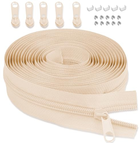 LHZHLE 5mm Endless Zipper with Zip Pull: 3.65m Beige Nylon Zipper - Sold by the Metre with 5 Zipper Pulls for Sewing Bedding and Pillows