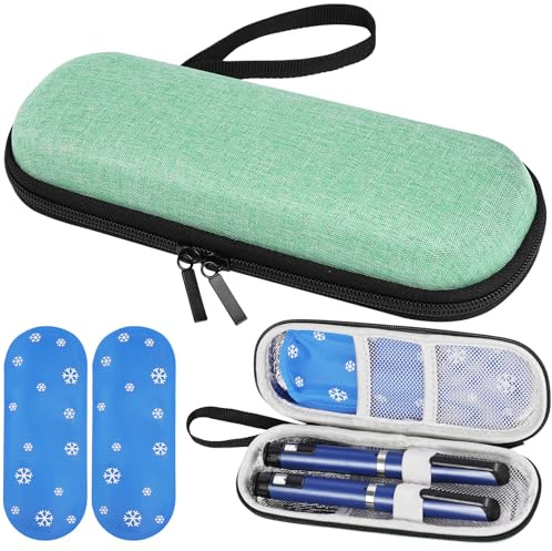 Fefod Estuche Insulina Bolsa, Nevera Insulina de Viaje con 2 Bolsas de Hielo Refrigerado TSA, Portátil Estuche Medicamentos para Diabetes con Mosquetón para Viajes Largos y Diarios (Verde)