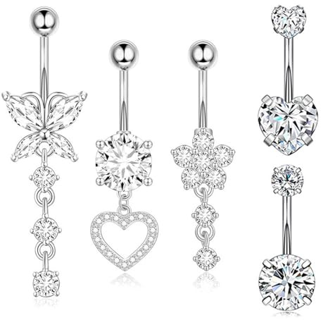 5 Pcs Zircon Belly Button Bars,Stainless Zircon Steel Belly Bars,Silver Surgical Steel Bellys Ring,Silver Bellys Button Piercing,Floating Navel Piercing Jewelry,For Girls' Short Suspenders Decoration