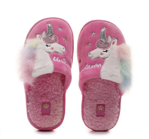 Gemzon Pantuflas para niños niñas con soporte para el arco, pantuflas cálidas de invierno para niños, niños, sin calcetines, soporte para el arco, unicornio, dinosaurio, Rosa., 35/36 EU
