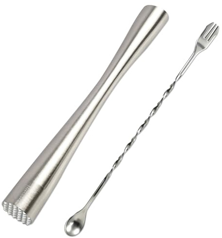Juego de Utensilios para cócteles de Acero Inoxidable 304: machacador de 26 cm + Cuchara de Bar de 24,6 cm, para machacar Menta, Lima y Hielo; Apto para cocinas, Bares y restaurantes