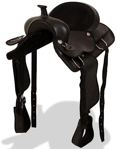 Teenpull Western-sadel äkta läder 45 cm svart med hölster bröstblad, ridsadel för häst och ryttare, inklusive läderrem stigbygel, lämplig för fritid, turnering vandring