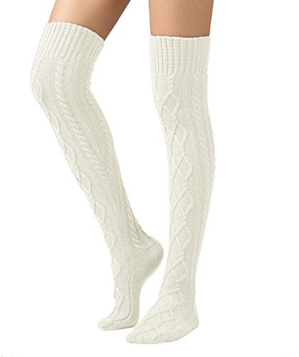 SherryDC Women's Cable Knit Boot Stockings Extra Long Thigh High Leg Warmers Winter Floor Socks White