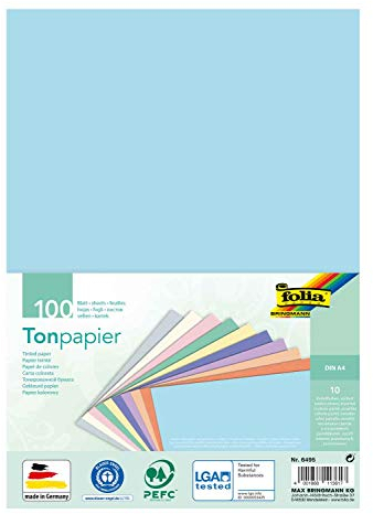 folia 6495 - Tonpapier Mix Pastell, DIN A4, 130 g/m², 100 Blatt sortiert in 10 Farben, zum Basteln und kreativen Gestalten von Karten, Fensterbildern und für Scrapbooking, Bunt