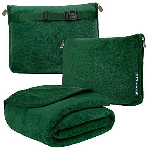 PAVILIA Coperta da viaggio per aeroplano, set combinato 2 in 1, coperta pieghevole per aereo, accessorio da viaggio per auto, idea regalo per viaggiatori con cinghia per bagaglio/zaino, 152 x 109 cm