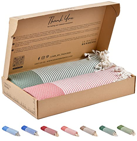 Tadussi ® Strandtuch Saunahandtuch Fouta XXL [2er Set] Ideal als Hamamtuch Saunatuch Stranddecke für Damen & Herren - Groß 100x200-100% Baumwolle in Lachs & Olivfarbiges-Graubraun