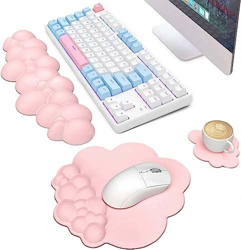 AJAZZ 3 in 1 Cloud Ergonomische Tastatur-Handballenauflage,Mauspad und Untersetzer-Set,PU-Leder,rutschfeste Gummibasis und Memory-Schaum,einfaches Tippen und Schmerzlinderung,für Spiele,Office-Rosa