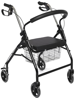 FERRUCCI COMFORT Deambulatore Rollator Pieghevole Ultraleggero con Ruote, Freni, Cestino e Seduta Ergonomica per Anziani, 4 Ruote frenanti, Marchio CE Europeo Nero