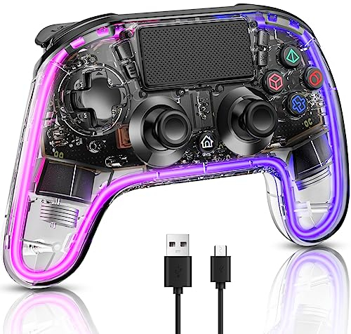 BRHE Controller Für PS4 Mit 4 Farblich Einstellbarem LED-Atemlicht,6-Achsen-Sensoren/ProgramMierung Funktionen,Wireless Controller Gamepad Joystick (Weiß)