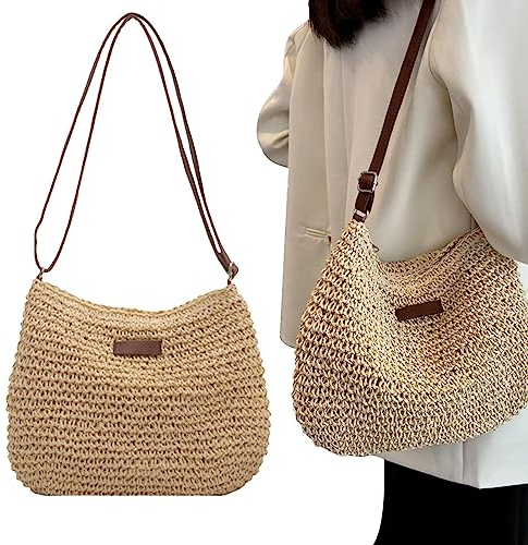 Facynde Stroh Strandtasche Damen Schultertaschen Mode Strohtasche Damen Schultertasche Sommer Stroh Strandtasche Flechttasche Einkaufstasche