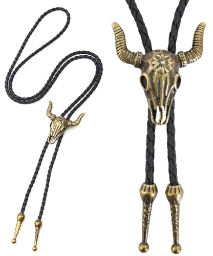 Tibapla Bolo-Krawatte Leder Halloween Krawatte Cowboy Kuh Schädel Western Cowboy Krawatte Halskette Lariat Halskette Schwarz Leder Rodeo Anhänger für Damen und Herren