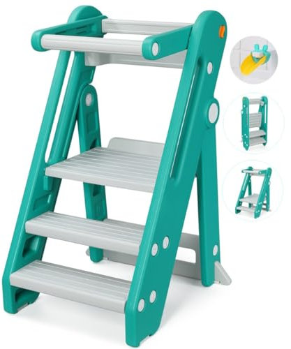 Onasti Lernturm für Kinder, Learning Tower Klappbar und höhenverstellbarer, Lernturm ab 1 Jahr, Multifunktional ab 1 Jahr für Küche Tisch Bad, Stylisch Kippschutz (Grün + Grau)