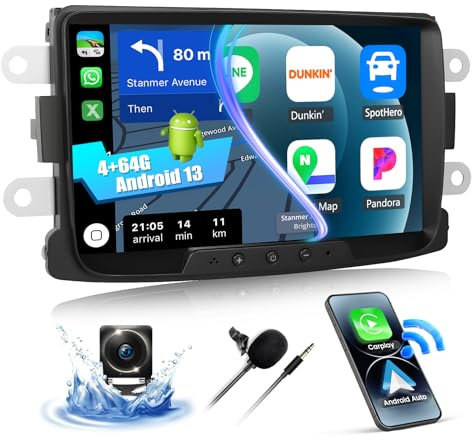 CAMECHO 4+64G 8 Autoradio pour Renault Dacia Duster Sandero Dokker Logan, Android 13 sans Fil Carplay Bluetooth HD Radio avec Caméra de Recul WiFi Android Auto GPS FM/RDS AI DSP Mirror Link +Canbus