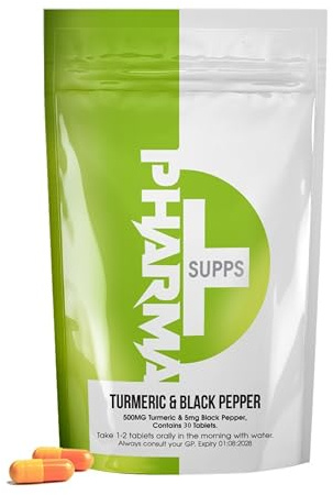 Pharma Organic Turmeric 500mg Capsules with 5mg Black Pepper | High Strength Supplement for Joint Health | Vegan, UK Made | 30 Capsules