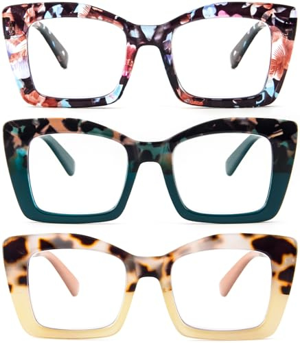 KoKoBin 3 Pack Occhiali da lettura quadrati da donna Oversized con cerniere a molla per computer (blu Leopard/Iridescente/verde Leopardo, 1.5, Diottria)