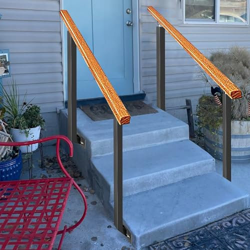 Pasamanos de madera para escalones al aire libre, barandilla de seguridad antideslizante con soporte de ángulo ajustable de 270° y 2 postes de hierro forjado para barandilla de jardín y porche