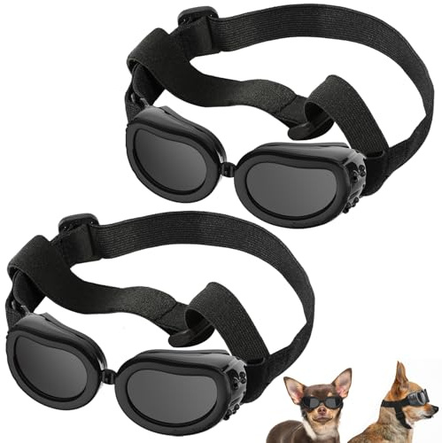 Lewondr 2PCS Lunettes pour Chiens, Lunettes de Soleil pour Animaux de Compagnie Réglables, Goggles de Protection Étanche à la Poussière Anti-UV, Coupe-Vent Imperméable pour Petit Chien, Noir