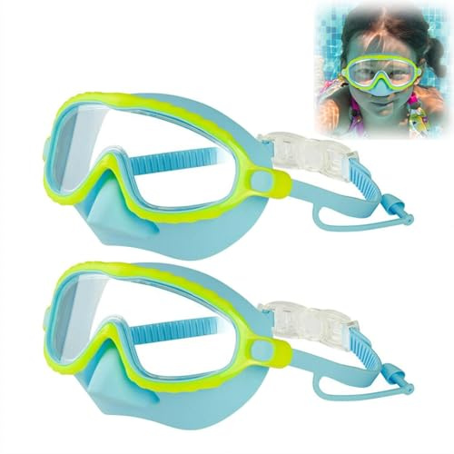 2PCS Kids Diving Mask,180° Panoramic Swim Mask Child Swim Goggles Glass,Anti-Fog,Swimming Goggles with Nose Cover for Kids