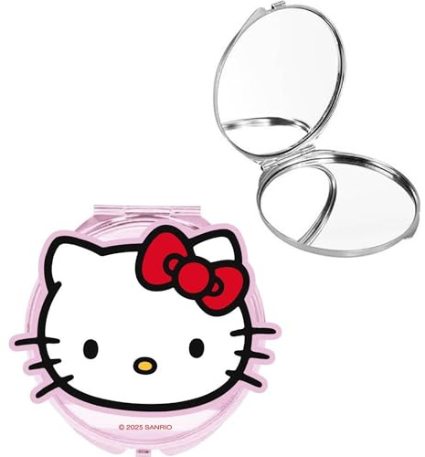 Specchio da toeletta Hello Kitty pieghevole con doppio specchio e design classico rotondo | Accessorio portatile rosa con immagine frontale e struttura sicura per ragazze e giovani fan di Sanrio