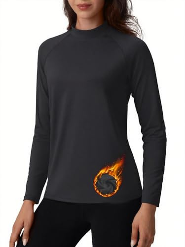 TACVASEN Damen Thermoshirt Rollkragenshirt Funktionsshirt Langarm Fleece Pullover Basic Unterwäsche Oberteil (Schwarz, L)