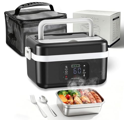 LIROPAU Lonchera eléctrica inalámbrica, calentador de alimentos portátil de acero inoxidable con temporizador y calefacción ajustable, fiambreras con calefacción con bolsa aislada para camión, coche