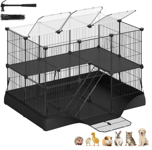 SONGMICS Recinto per Piccoli Animali a 2 Livelli, Parco Recinzione, Tappetino Impermeabile, Doppia Porta, per Conigli, Porcellini d’India, 35 Pannelli, 93 x 63 x 61,5 cm, Nero Inchiostro LPI016BH01