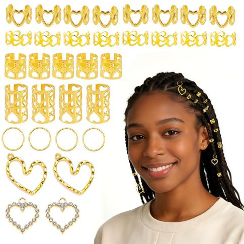 106-teiliges goldenes Haarschmuck-Set – Herz-förmige Metall-Anhänger, Clips und Ringe für Zöpfe, Dreadlocks und Haaraccessoires