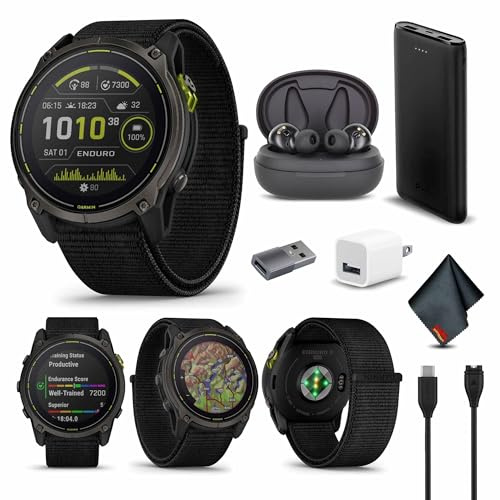 Garmin Enduro 3, Solar, Sapphire Multisport GPS Smartwatch Carbon Gray DLC Titanium with Black Ultrafit Nylon Strap, 90 Days Battery, Built-in LED Flashlight, Bundle