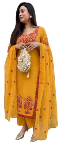 GoSriKi Kurta Set för kvinnor Viskos Broderade | Kurta Byxa Dupatta Set | Rak Kurti Set för kvinnor | Rund hals 3/4 ärm Etnisk kostym | Designer Indian Kurti outfit med byxor