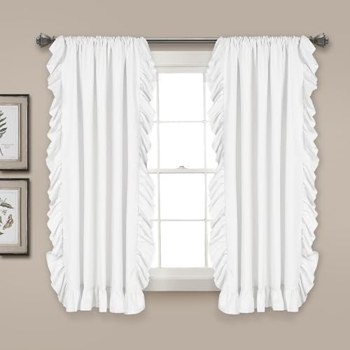 Lush Decor Reyna Ruffle Window Curtain Panel Set, Pair, 54 W x 63 L, White - Flowy Curtain Set - Romantic Ruffle Curtains for Bedroom, Living room, or Dining Room - Farmhouse & Cottage Home Decor