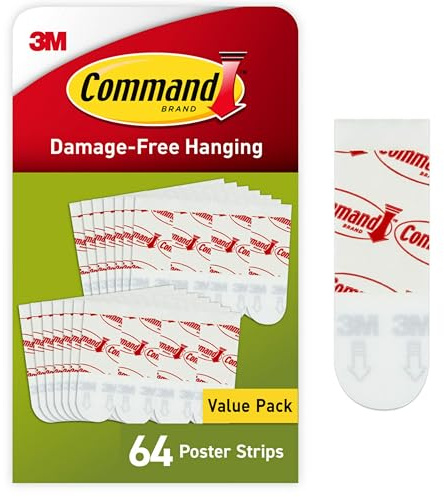 Command Poster Strips Value Pack, 64 Strips Damage-Free Poster Hangers, No Tools Requried, Great for Home, Room, Wall, Office, and Dorm Decor, White Adhesive
