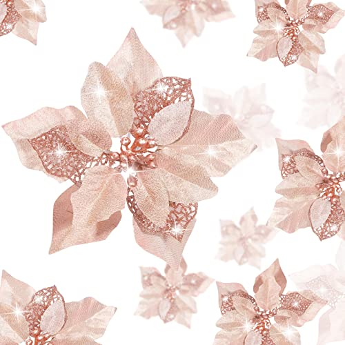 24 Stücke Weihnachten Funkeln Weihnachtsstern Blumen Funkeln Künstliche Weihnachten Blumen Hochzeit Weihnachtsbaum Neujahr Ornamente (Rose Gold)