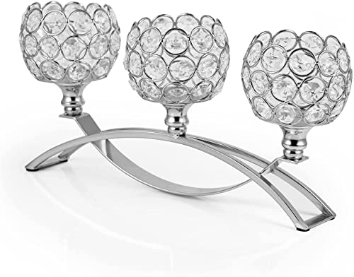 VINCIGANT Silber Kristall Kerzenhalter, Metall 3-Arm Kerzenhalter Mittelstücke für Hochzeit Party Baby Dusche Esszimmer Couchtisch Dekor