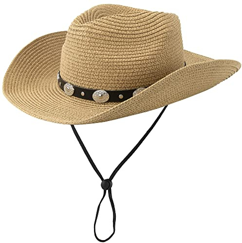Sugrör cowboyhatt för kvinnor män västerländsk solhatt brett brätte sommarbälte cowgirlhattar (M-L), Kaki-y, one size