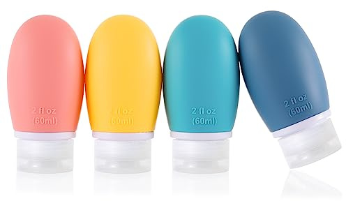 Silikon reseflaskor, 4-pack 60 ml läckagesäker kläm-påfyllningsbar bärbar tom resestorlek flaskor tillbehör behållare för toalettartiklar schampo balsam lotion, BPA-fri och TSA-godkänd