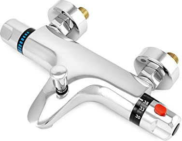 QWORK Duscharmatur Mit Thermostat, Ventil G1/2 Auslass, Links Heiss, Rechts Kalt, Messing Mischbatterie, Konstante Temperaturregelung Für Badezimmer