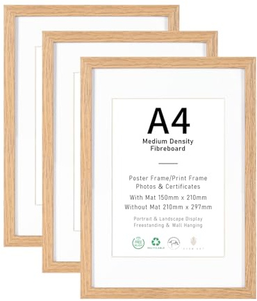 A4 Picture Frame Set of 3, Display A5 with Mat or A4 without Mat | Natural Wood Photo Frames for Wall Mounting or Table Top Display