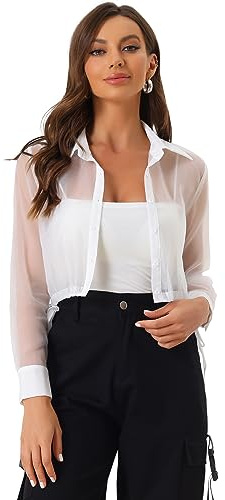 Allegra K Women's See Through Top Long Sleeve Drawstring Hem Button Down Cropped Mesh Sheer Jacket White S